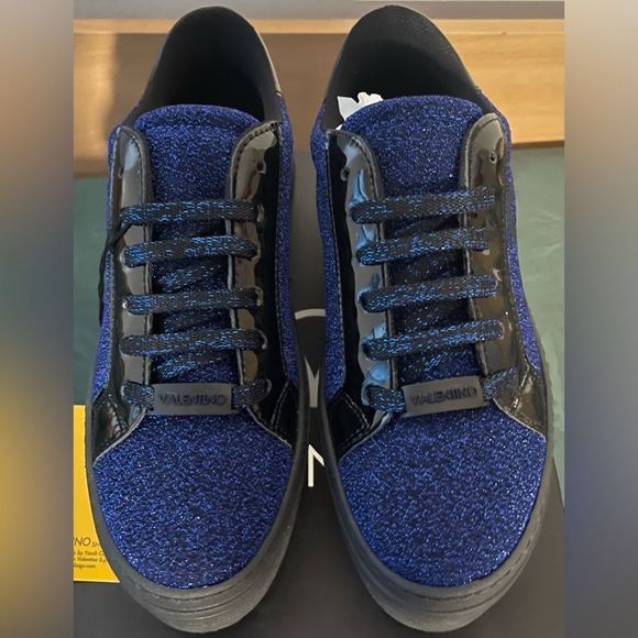 New Mario Valentino SELA Royal Blue Sparkle Black Sneakers Shoes 37 EU 7 USA - Picture 1 of 14